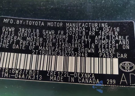 2016 Toyota Corolla Le из США, поврежденный, VIN 2T1BURHE3GC703948